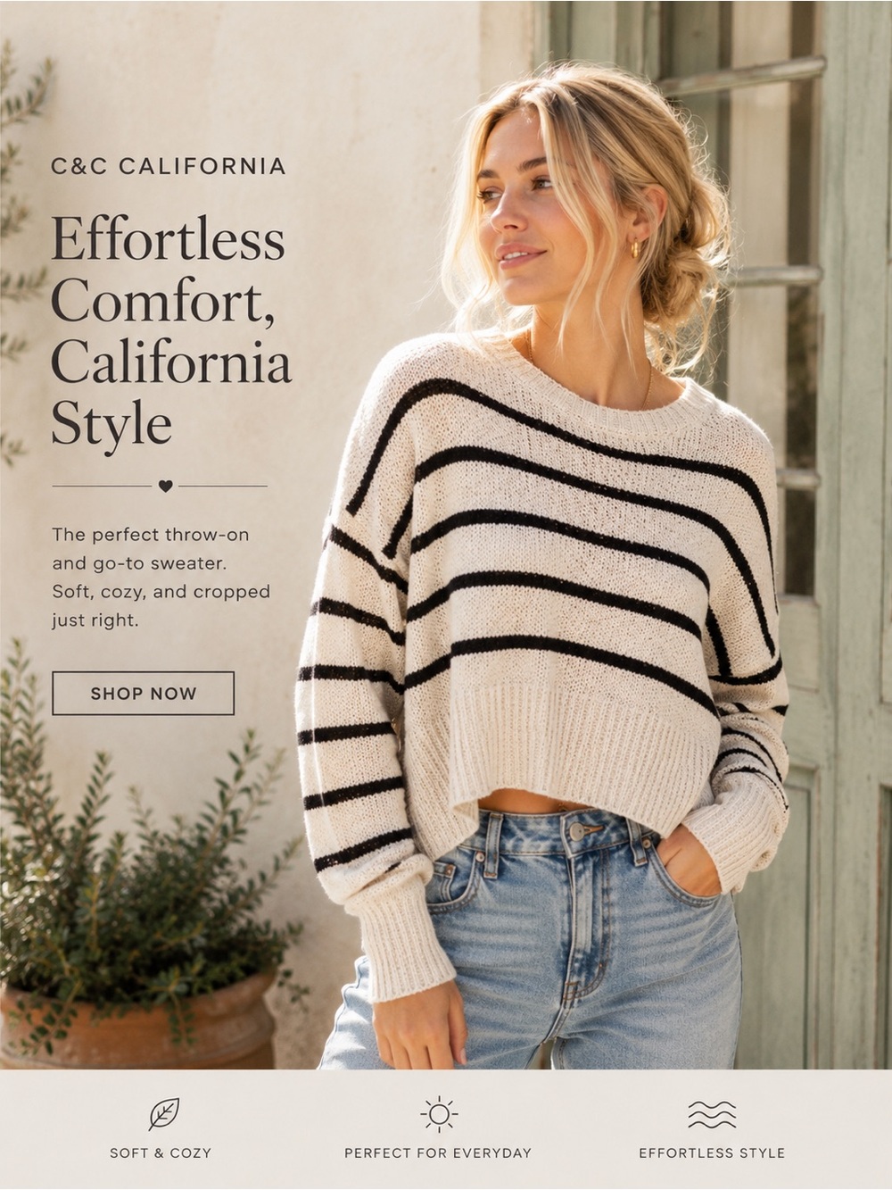 C&C California Cream Sweater with Black Stripes